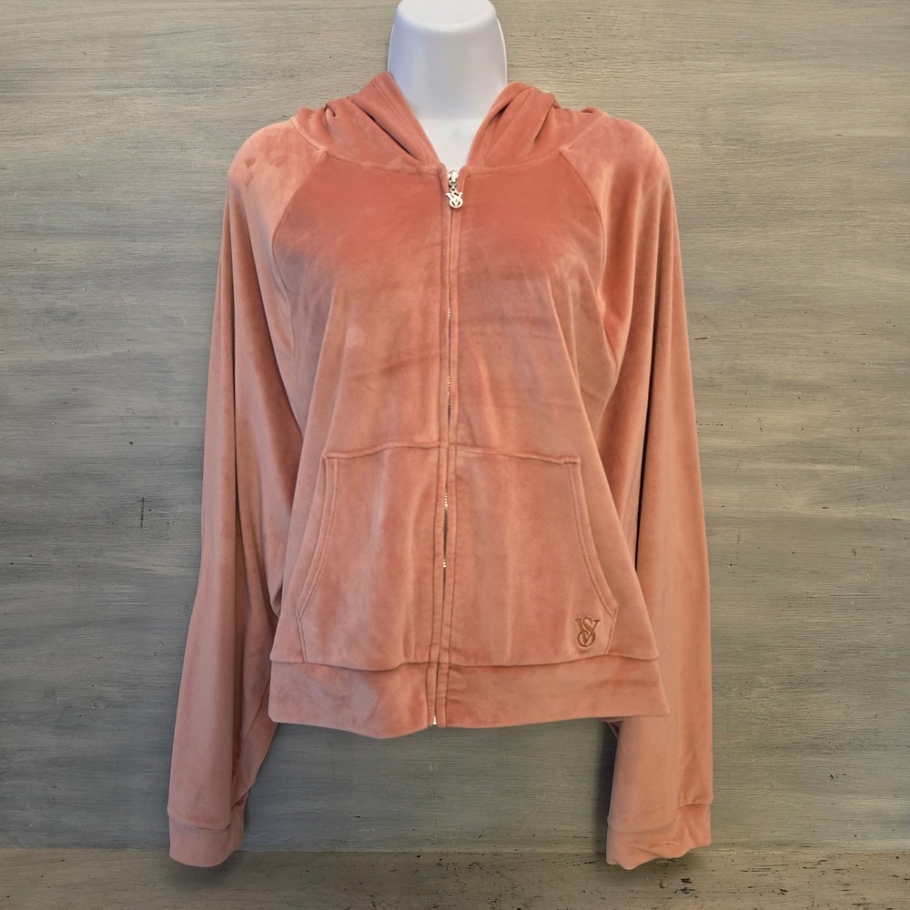 Victoria's Secret On Point Peach Velour Hooded Zip Track Sweat Jacket XXL GC